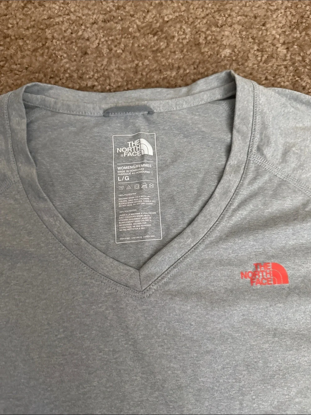 The North Face Women's Heather Gray V-Neck Short Sleeve Tee with Coral Logo - Picture 2 of 3